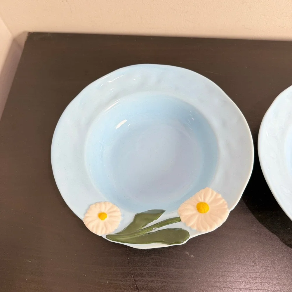 Anthropologie Blue Foster Daisy Ceramic Pasta Bowls Set of 2 Floral Boho 9in
